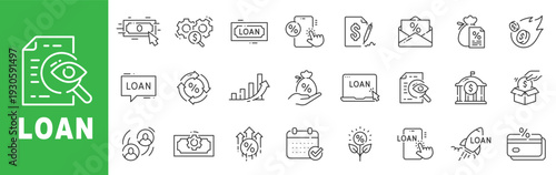 Loan outline icon set featuring lending, credit approval, interest rate, mortgage, banking services and financial transaction symbols editable stroke line design