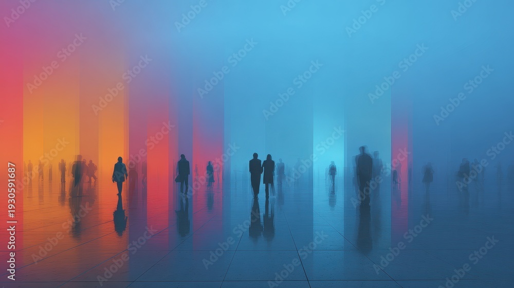 Fototapeta premium Twilight gradient sky above modern towers with commuters moving through luminous haze illustrating transition and uncertainty copy space minimalist theme vibrant Multilayer reflective plaza backdrop. 