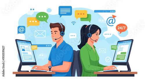 customer service representatives working on computers, online support