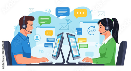 Customer service representatives at work, online support, helpdesk concept