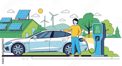 electric car charging at home with solar panels and wind turbines