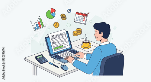man working on tax form, financial analysis and accounting concept