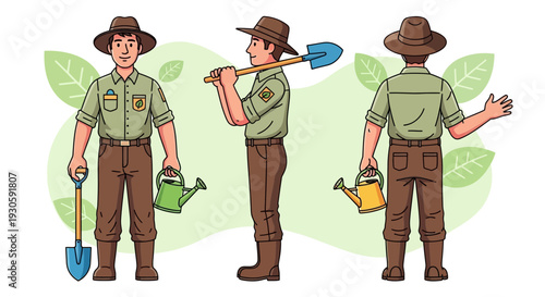 Gardener with tools and watering can, front, side, and back views