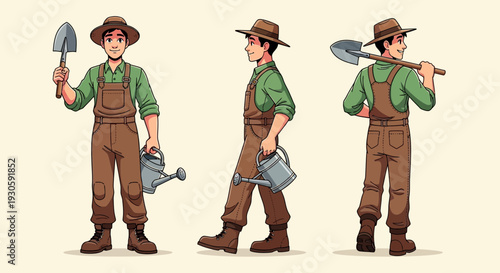 farmer with tools, gardening, agriculture, work, shovel, watering can, brown hat