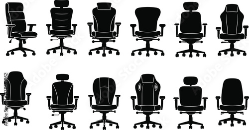 Office chair silhouettes collection, modern ergonomic swivel seating vector icons isolated on white background for workspace design