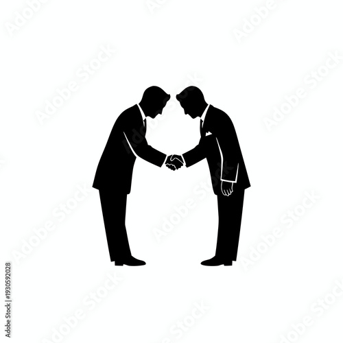 Silhouette of businessmen bowing and shaking hands as a sign of mutual respect and formal greeting isolated on white background