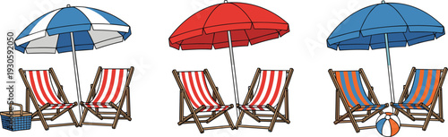 Beach umbrella and striped deck chair set, seaside summer vacation lounge furniture isolated on white background vector illustration