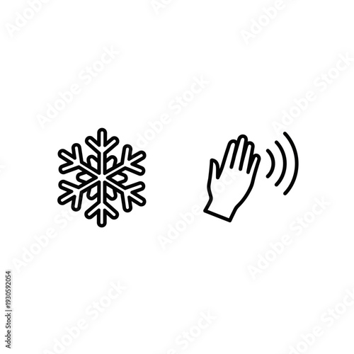Winter and Motion Icons: Snowflake and Waving Hand Symbol on White Background