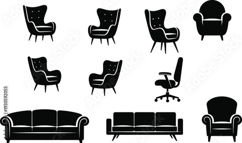 Black furniture silhouettes collection, modern armchair and sofa vector icons isolated on white background for interior design use
