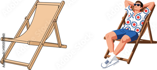Wooden beach deck chair illustration, man relaxing on folding lounge chair isolated on white background summer vacation concept