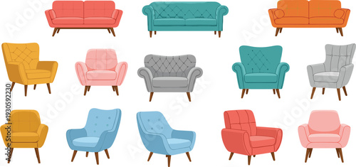 Colorful vintage sofa and armchair collection, modern living room furniture set isolated on white background flat vector illustration