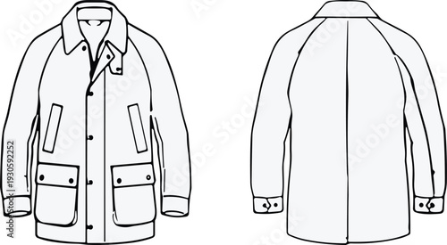 Cad drawing flat vector illustration of jacket fashion design, technical garment sketch front and back view apparel construction details
