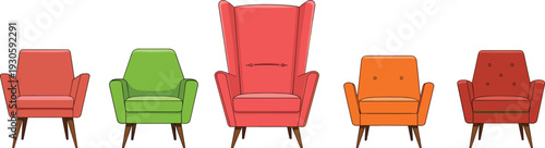 Colorful modern armchair collection, flat vector lounge chair set isolated on white background for interior design projects