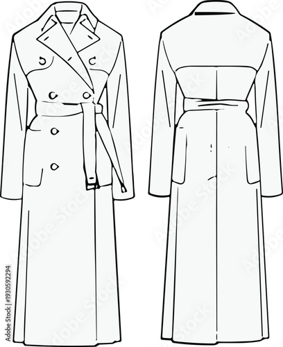 Cad drawing flat vector illustration of trench coat fashion design, technical garment sketch front and back view apparel construction details