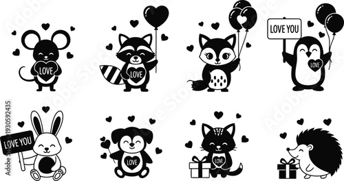 Adorable animals showing love with hearts and gifts