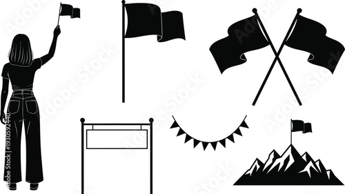 Black silhouette vector set featuring flags on poles mountain summit with flag crossed flags bunting banner and woman holding a flag