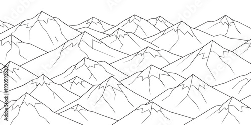 Mountain range vector illustration, outline drawing of peaks and ridges in natural landscape