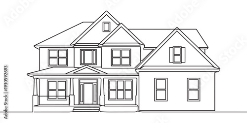Residential house vector illustration, modern family home exterior drawing outline on transparent background