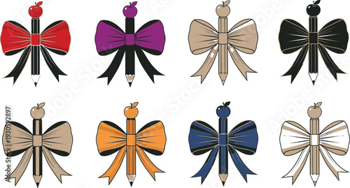 Colorful pencils with bows and apples on top for education and creativity