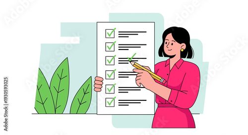 Woman checking checklist, completing tasks, planning and organization concept