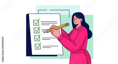 Woman checking checklist, completing tasks, planning and organization
