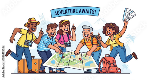 group of friends planning travel adventure with map