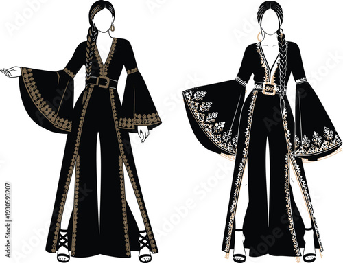 Elegant woman wearing stunning black and gold evening gown with braided hair