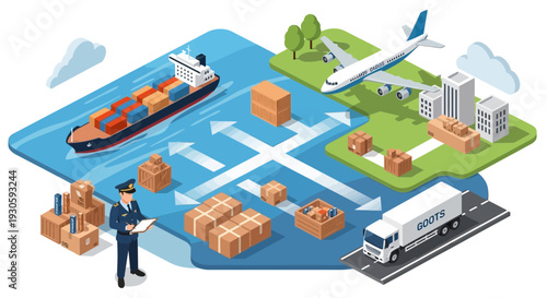 global shipping logistics concept, cargo containers, airplane, truck, sea transport