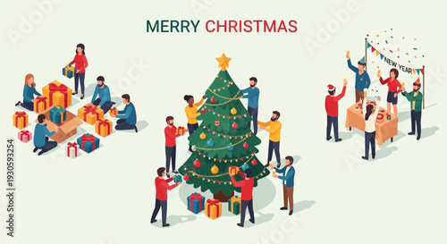 christmas celebration with people decorating tree and exchanging gifts