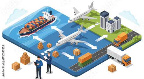 global shipping logistics, cargo transportation, air freight and sea transport