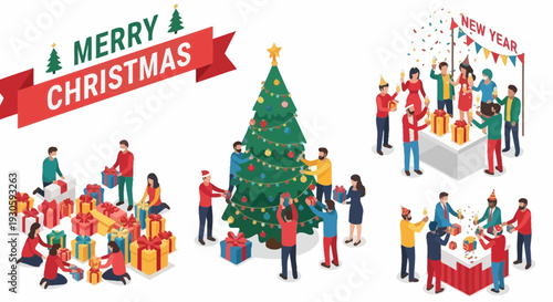 christmas celebration illustration, people gathering around tree and gifts