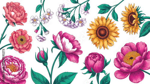 Beautiful Vintage Floral Background with Sunflowers and Peonies