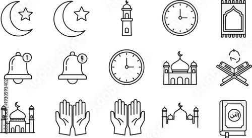 Modern line art icons for Islamic culture and Ramadan, featuring mosque, crescent moon, prayer rug, prayer times, and praying hands