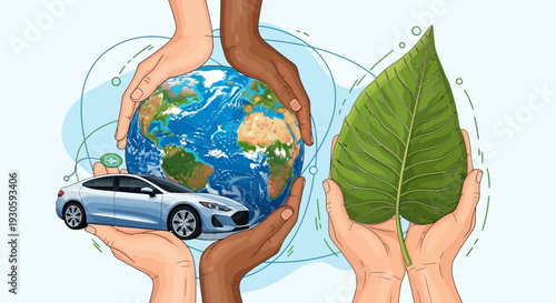 hands protect earth with electric car and green leaf, environmental concept