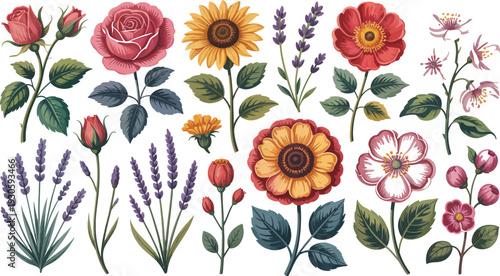 Artistic Floral Pattern with Lavender Roses and Sunflowers