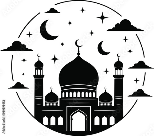 Elegant mosque silhouette with crescent moon and stars