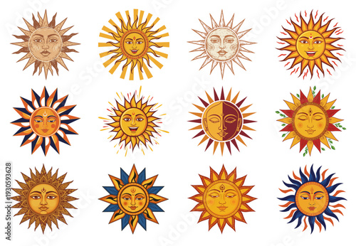 Sinhala and Tamil New Year Sun God Vector Collection with Human Faces, Traditional Rays, and Cultural Designs