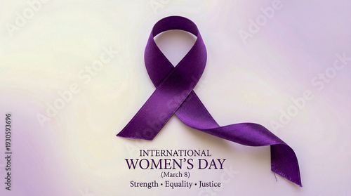 Lazo morado de satén brillante, símbolo del Día Internacional de la Mujer (8M). Representa igualdad, derechos y justicia social. Imagen elegante ideal para campañas y comunicación institucional.