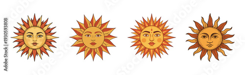 Stylized Sun Faces Vector Set for Sinhala and Tamil New Year Celebrations and Design Resources