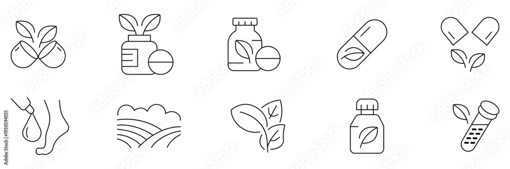 Fototapeta premium Ayurvedic, Wellness icons set, natural supplement collection, herbal medicine symbols, organic health silhouettes, eco beauty signs, holistic care vector illustration artwork design.