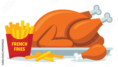 Roasted Turkey with French Fries Vector Illustration