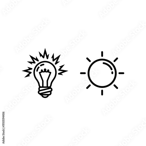 Lightbulb and Sun Icons: Idea, Energy, Inspiration, and Warm Glow Symbols