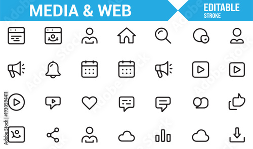 Clean Media Communication Icon Set Isolated on White