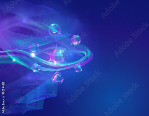 Digital background perfect for tech processes, A captivating visual of interconnected molecular structures in a mesmerizing display of luminescence and intricate design, against a dark backdrop.