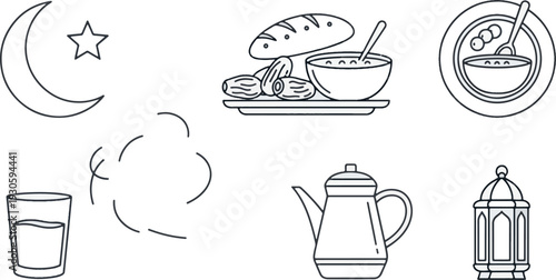 Ramadan Icons Crescent Moon, Dates, Food, Drink, Coffee Pot, and Lantern