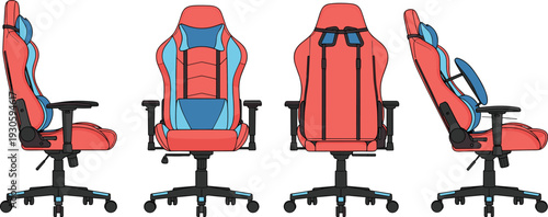 Gaming chair, ergonomic office chair, red and blue design, adjustable armrests, lumbar support, headrest pillow, caster wheels, comfort seating