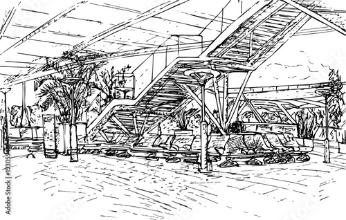 Mauritius Airport stairs leading to the Viewing Gallery public area. Line ink drawing.