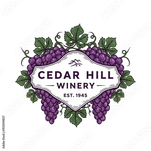 Grapes and Leaves Adorn a Vintage Style Winery Logo Label Design