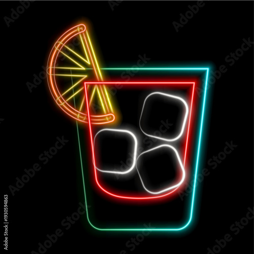 Neon cocktail bar sign on dark brick wall background. Glossy gas advertising with alcohol smoothie glasses. Banner for drinking canteen. Invitation to the night club. Vector illustration.