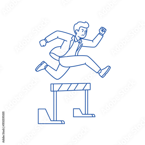 Businessman jumping over hurdle in a race.